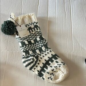 Hearth & Hand Cream and Dark Green Knitted Holiday Stocking with Pom